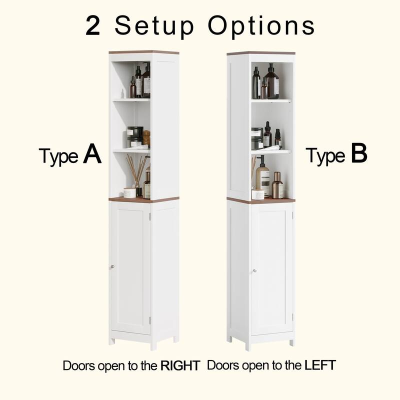 Tall Bathroom Storage Cabinet with Reversible Door, Freestanding Linen Tower with Open Shelves and Enclosed Cabinet