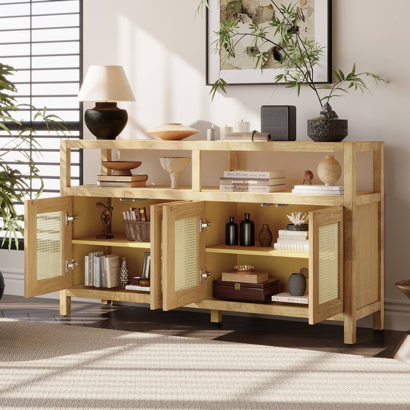 Bohemian Style Rattan Buffet Storage Cabinet with Solid Wood Frame, Sideboard with Adjustable Shelves for Living & Dining Rooms