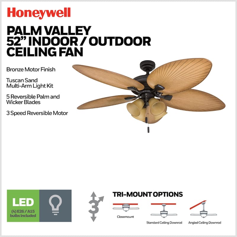 52" Honeywell Palm Valley Bronze Indoor/Outdoor Ceiling Fan with Light, Pull Chain, 5 Palm Leaf Blades