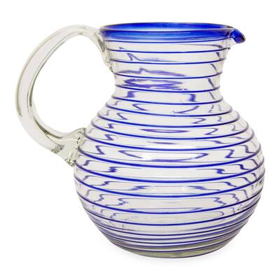 NOVICA Handmade Blue Spiral Blown Glass Pitcher (Mexico) - 7.75" H x 7" Diam.