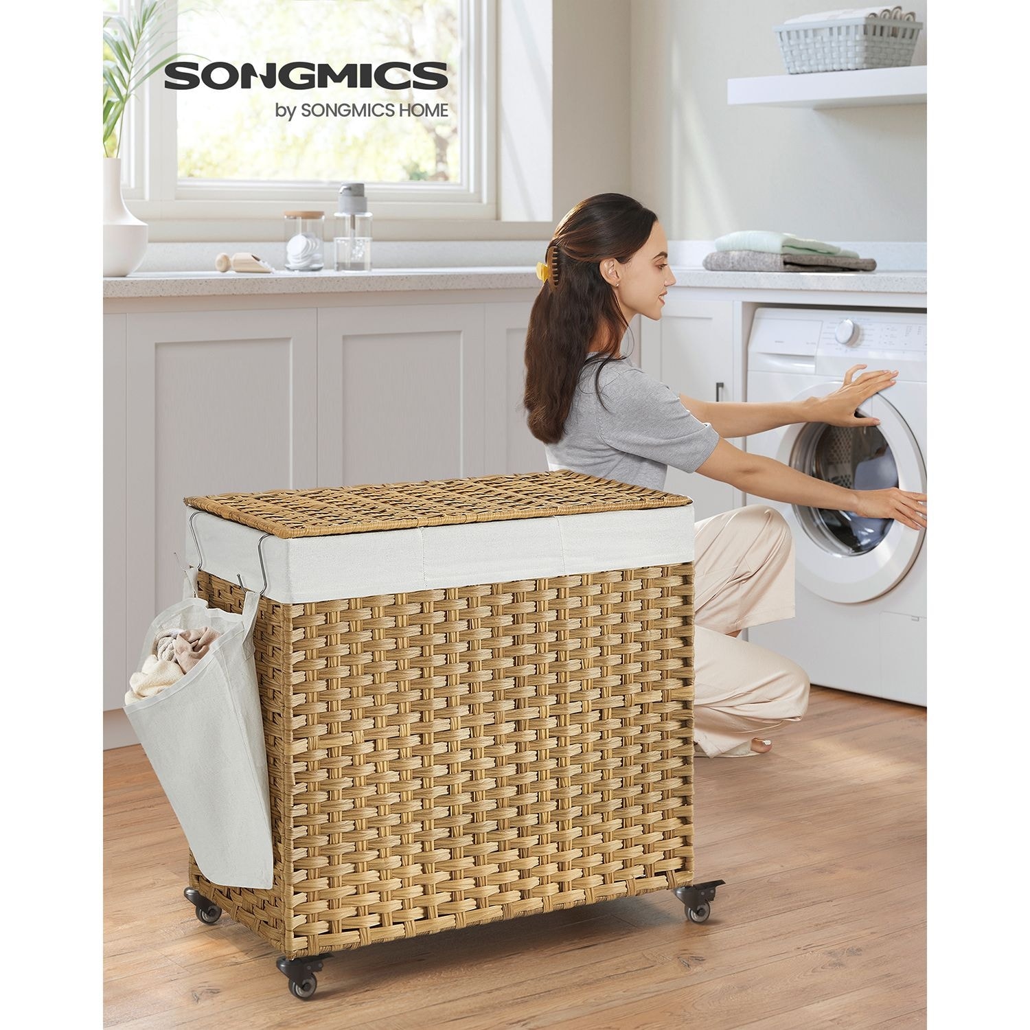 Rolling Laundry Hamper with Lid Wheels and Removable Liner 27.6 L x 14.2 W x 26 H