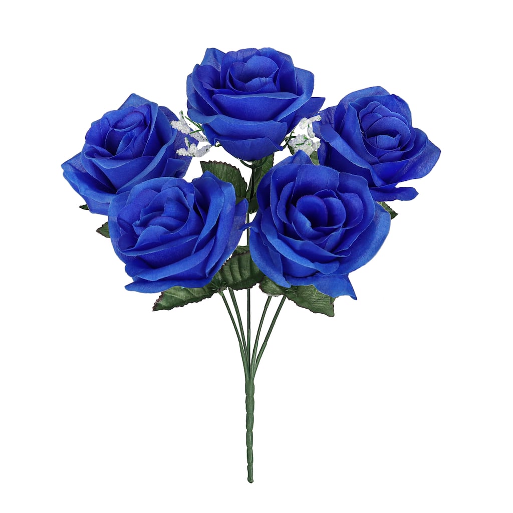 Set of 12 Royal Blue Artificial Open Rose Flower Stem Bush Bouquet 14in - 14" L x 7" W x 7" DP