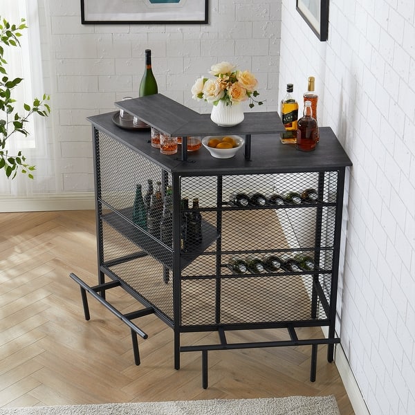 Corner Bar Unit for Liquor, 3 Tier Bar with Wine Rack and