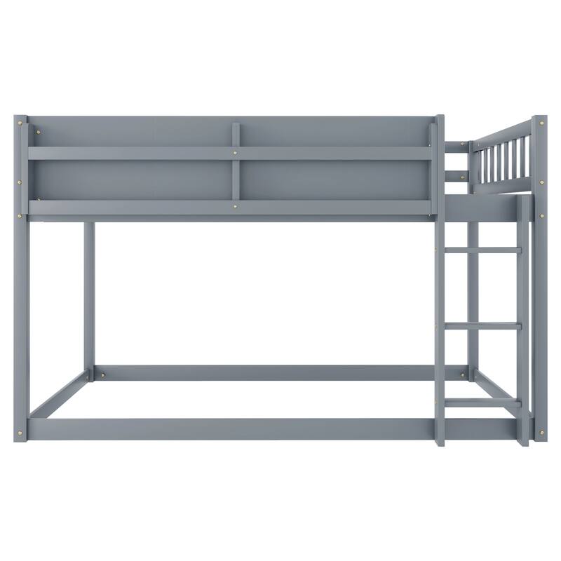Low Twin Over Twin Bunk Bed, Floor Bunk Bed with Ladder and Storage Shelf, Convertible Design Twin Size Bunk Bed Frame