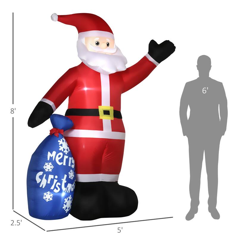 Outsunny 8ft Inflatable Christmas Smiling Santa Claus with Gift Bag, Blow-Up Outdoor LED