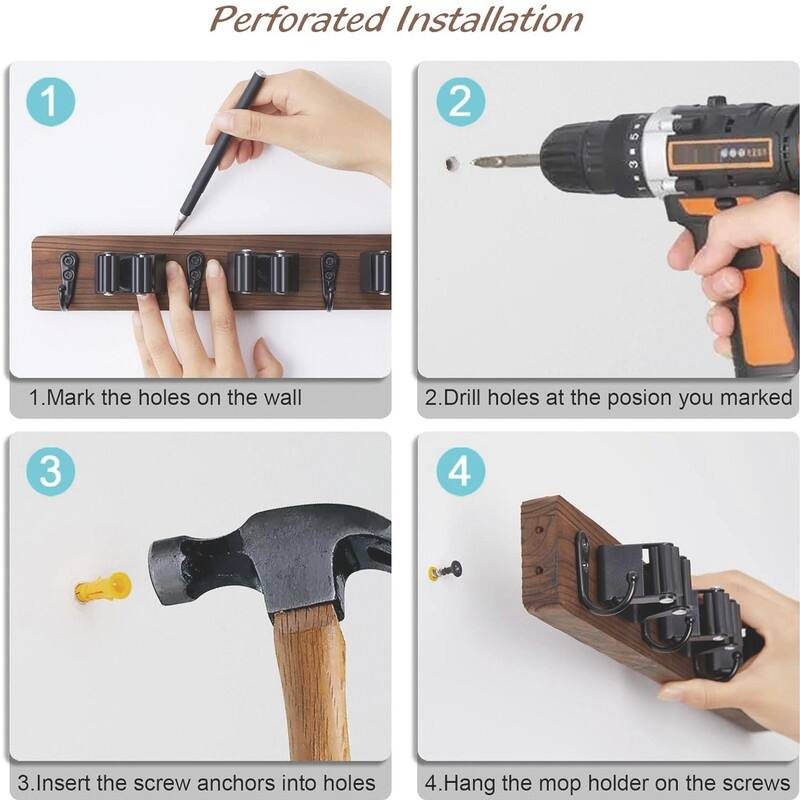 Wood Mop Broom Holder Wall Mount with 4 Slots & 4 Hooks - 1 Pack