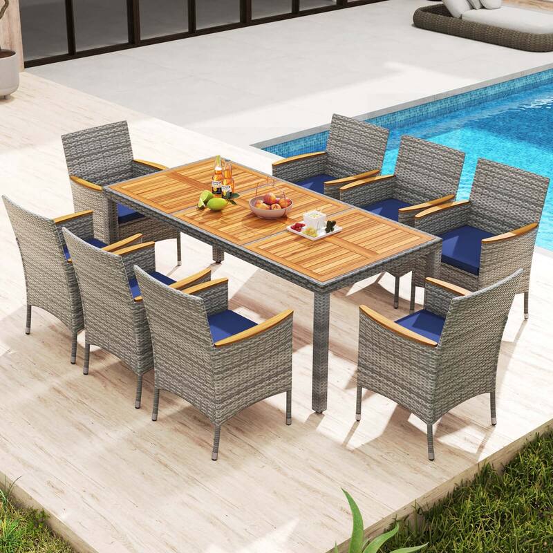 Costway 9 PCS Patio Dining Set for 8 Table and PE Rattan Chairs with - Navy