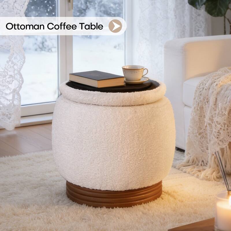 Round Storage Pouf Ottoman Footstool with Flip-top and Acacia Frame - White Sherpa