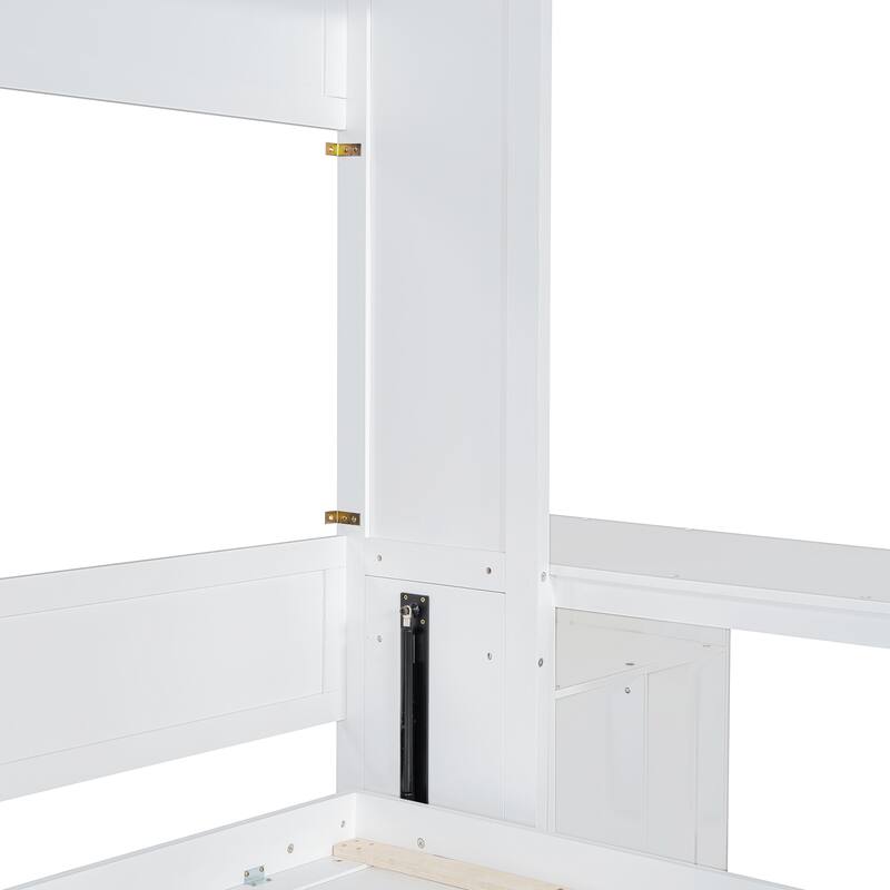 Queen Size Murphy Bed with Storage Shelves and 2 Storage Cabinets, Wooden Foldable Wall Bed Frame with Desk & Hydraulic Lift