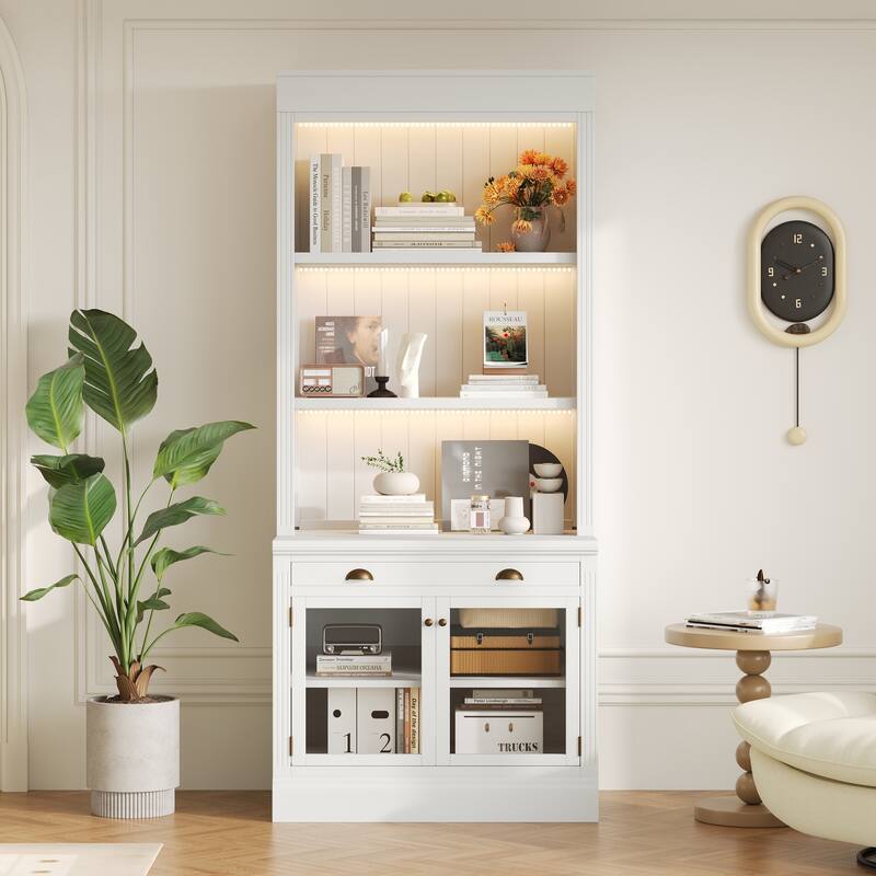 83.4" Tall Bookshelf with LED Lights, 2 Glass Doors & 1 Drawer for Living Room, Home Office - White + Solid Wood+MDF + Glass