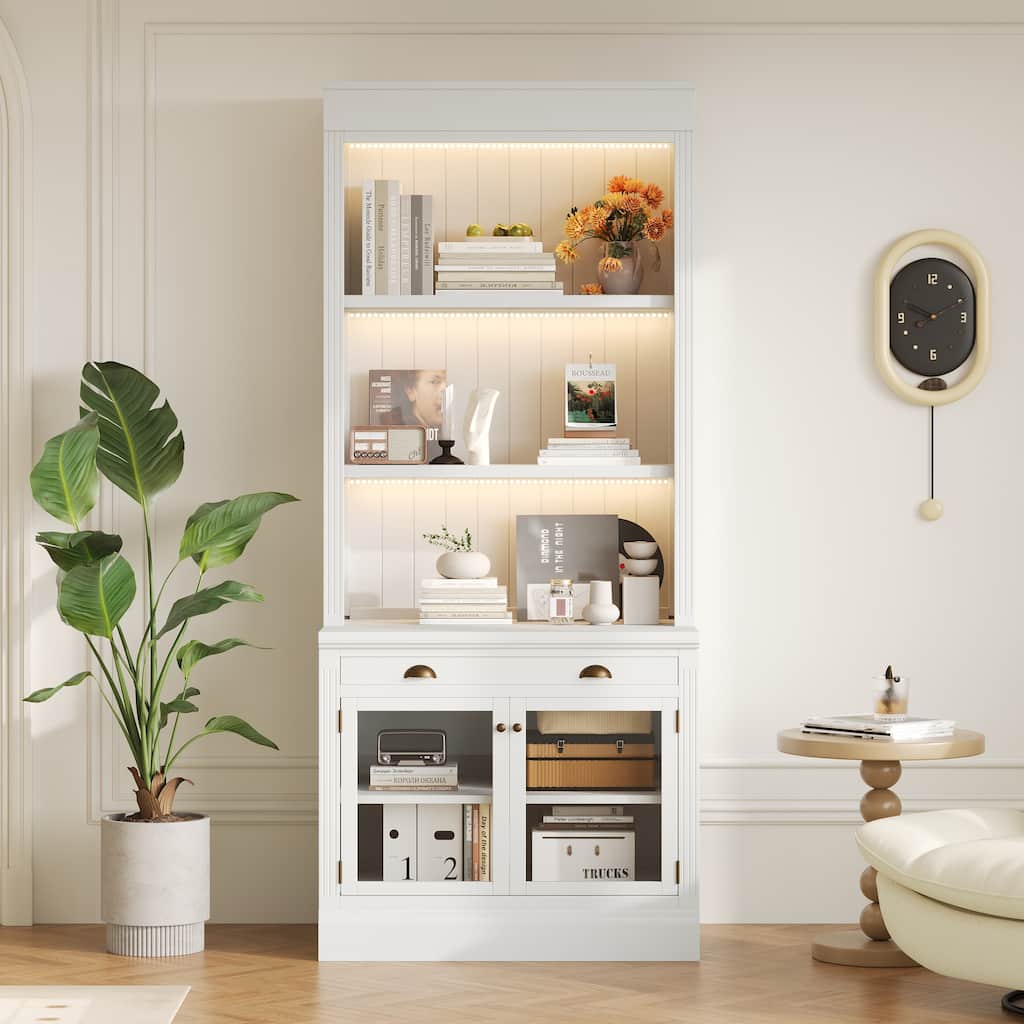 83.4" Tall Bookshelf with LED Lights, 2 Glass Doors & 1 Drawer for Living Room, Home Office