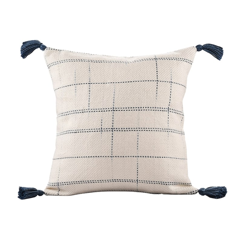 Handwoven Dotted Square Throw Pillow with Tassels - 18" - Cream and Blue