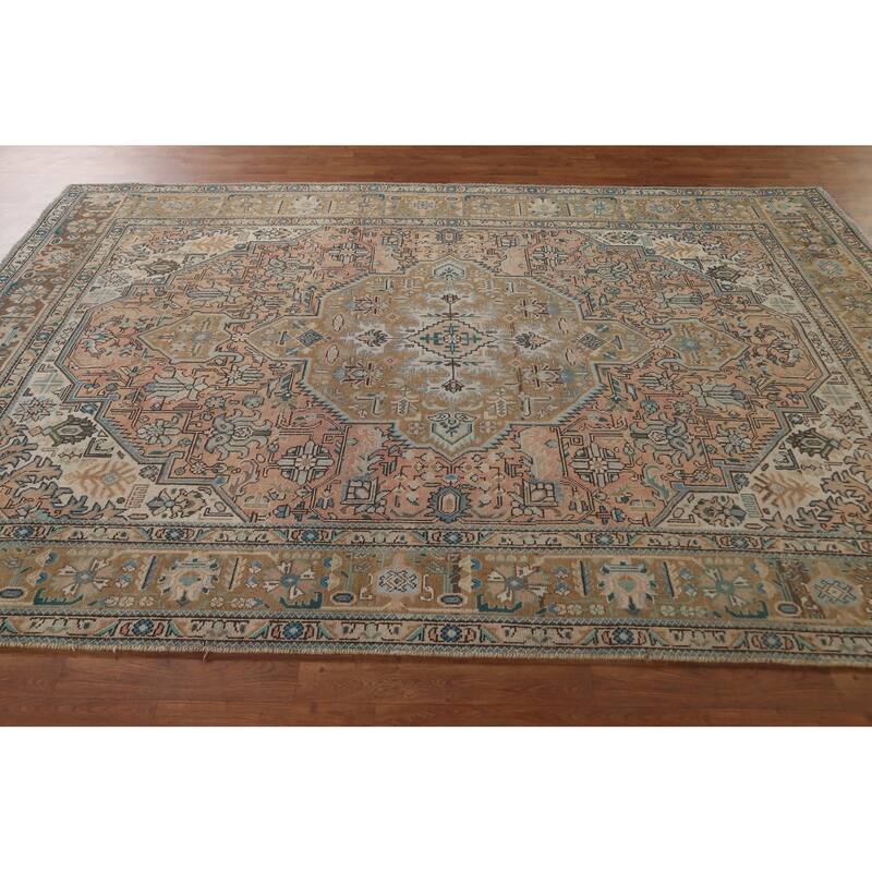 Geometric Tabriz Vintage Area Rug Hand-Knotted Wool Carpet - 6'8" x 9'7"