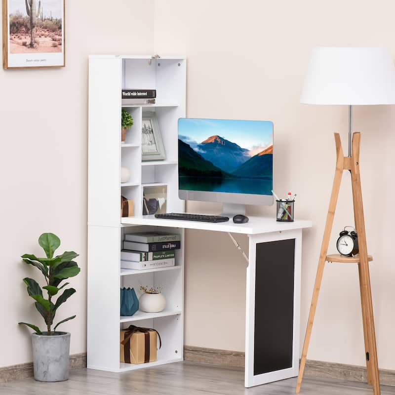Fold-out Convertible Writing Table, Wall Mount Desk Cabinet, Home Office Desk with Side Shelf and Writing Blackboard