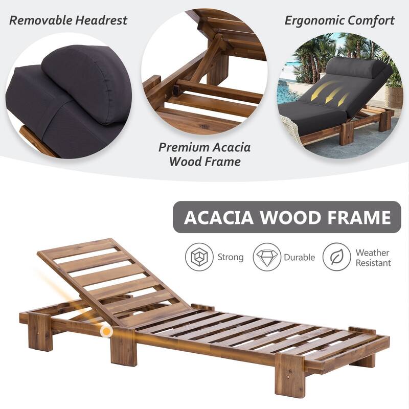 78.8'' Acacia Wood Outdoor Chaise Lounge Adjustable Recliner with Headrest & Retractable Side Tray - N/A