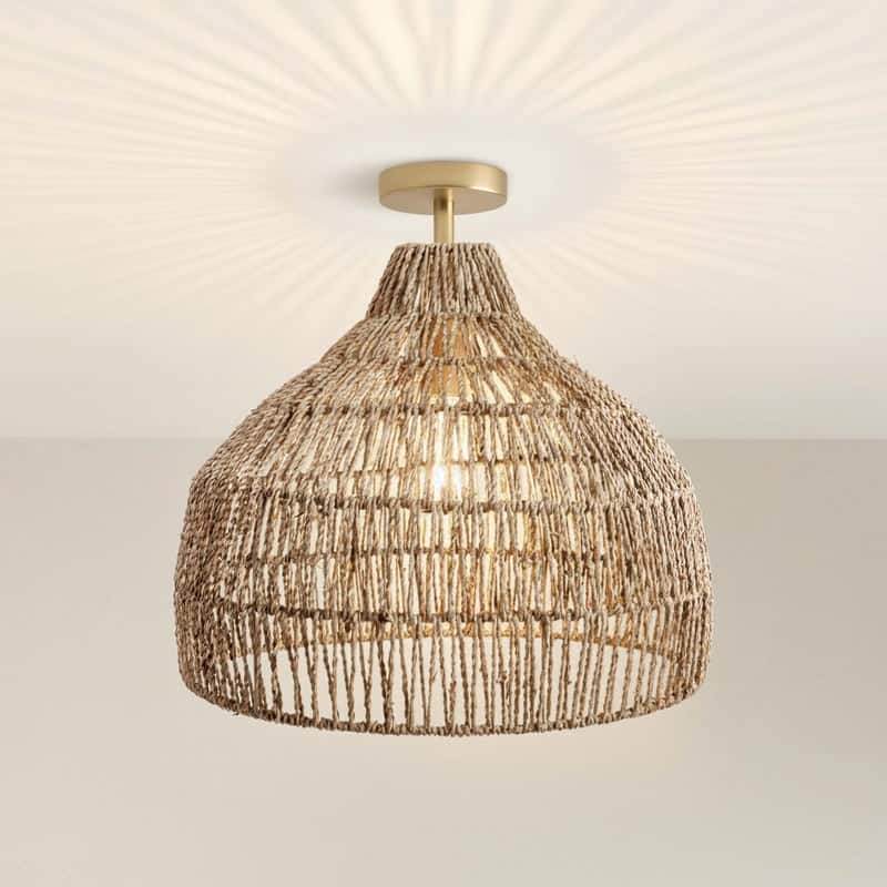 Dreamy Flush Mount Light - Palm Fibers & Brown 1-Light Dome Ceiling Light for Bedroom or Hallway in Modern, Mid-Century Style