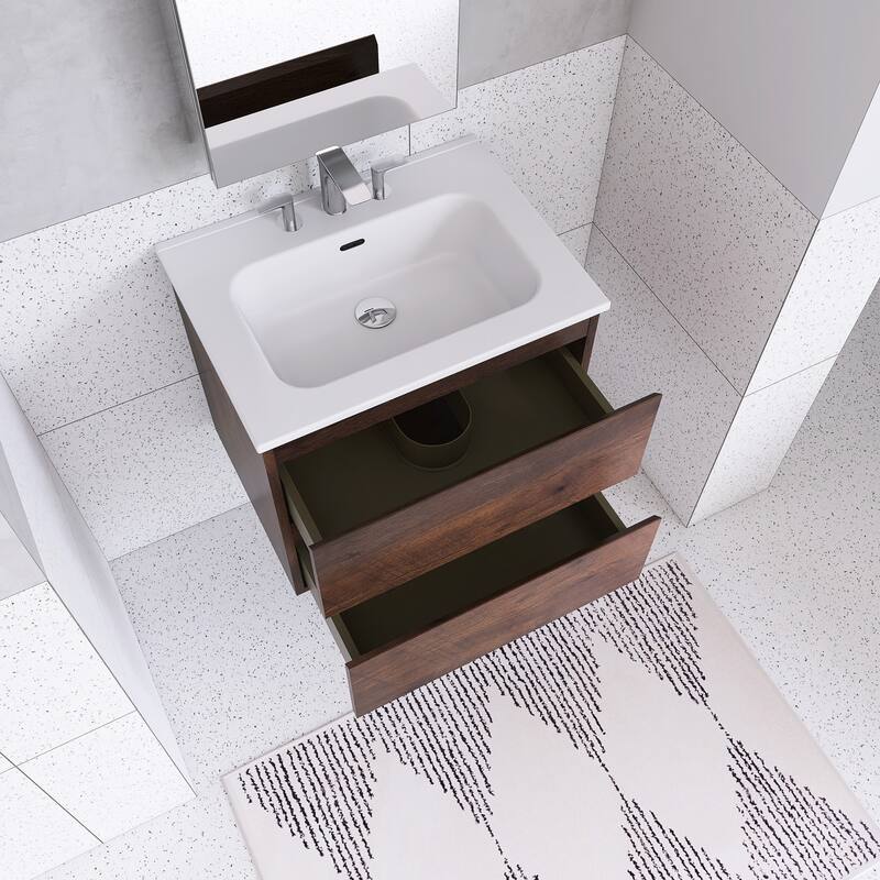 Floating Integrated Bathroom Vanity with Ceramic Sink, Three Faucet Holes
