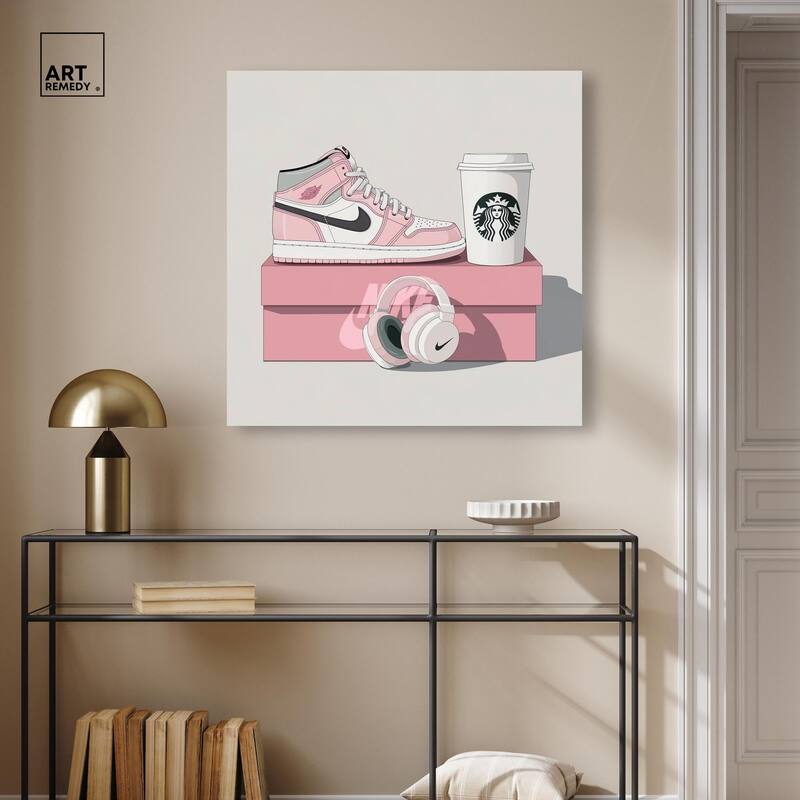 Pink Sneaker and Headphones Canvas by Art Remedy, Gallery Wrapped
