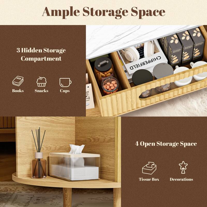 47" Fluted Lift Faux Marble Top Coffee Table, Wood Oval Center Table With 3 Hidden Compartment & 4 Open Space