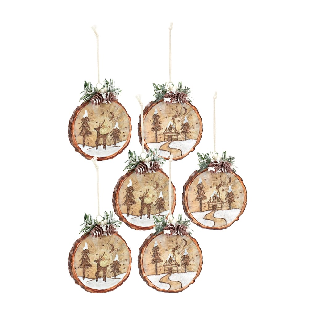 Cabin and Deer Ornament (Set of 6)