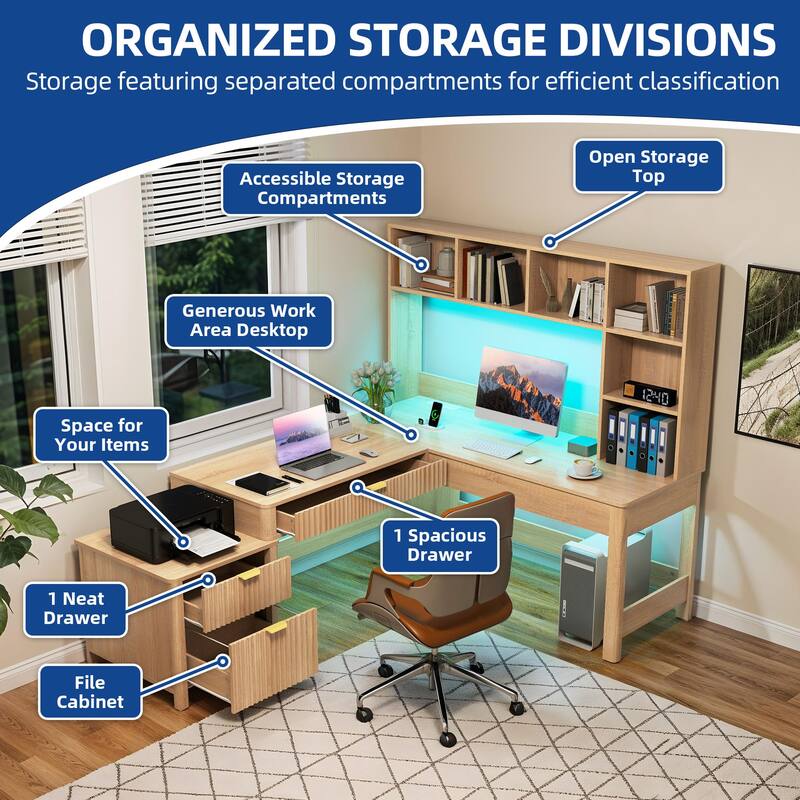 Moasis L Shaped Computer Desk with Hutch and Drawers Home Office Desk w/LED Light and Power Outlets