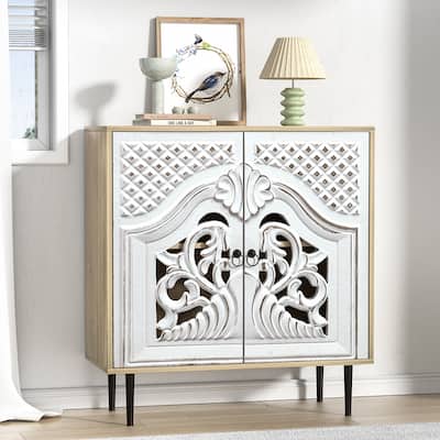 Anmytek 2-Door Gray Carved Buffet Sideboard Accent Storage Cabinet with Adjustable Shelf for Kitchen