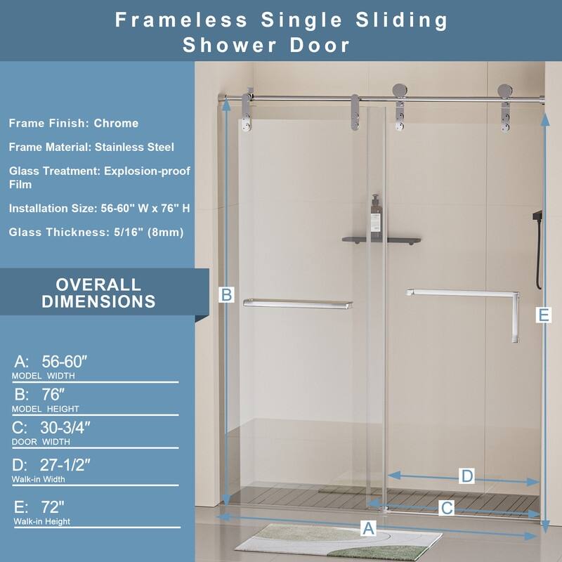 56-60" W x 76" H Single Sliding Frameless Shower Door with 5/16" (8mm) Tempered Glass & Dual Towel Bars