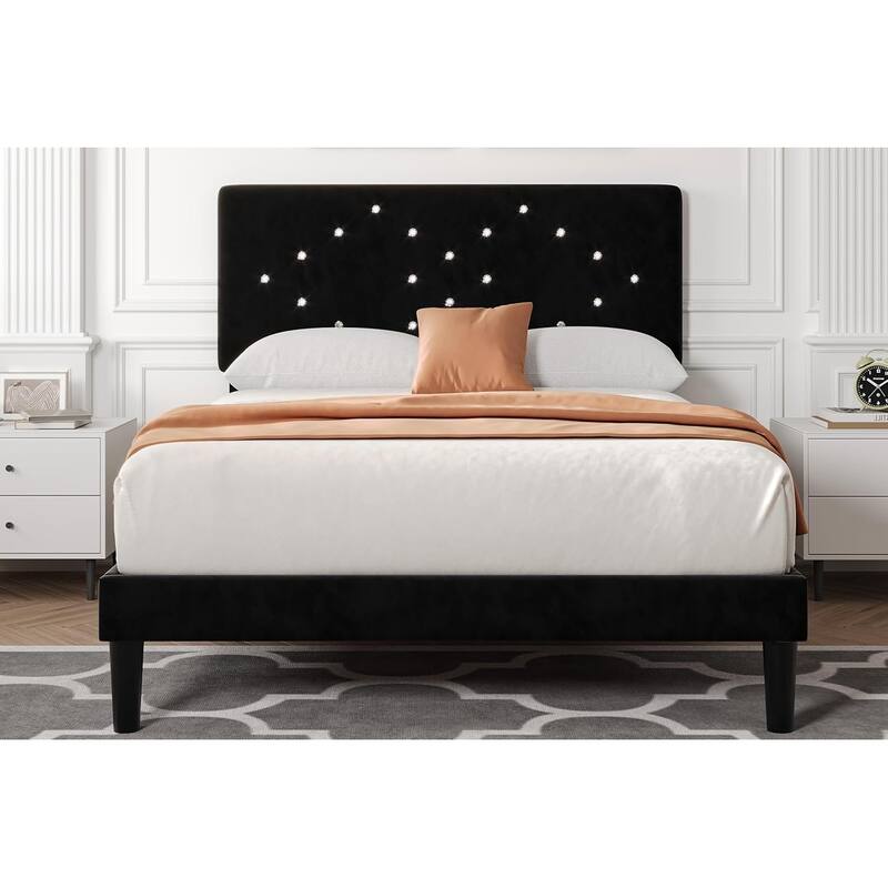 Bed Frames with Button Tufted Headboard, Linen Upholstered Platform Bed with Wooden Slats Support