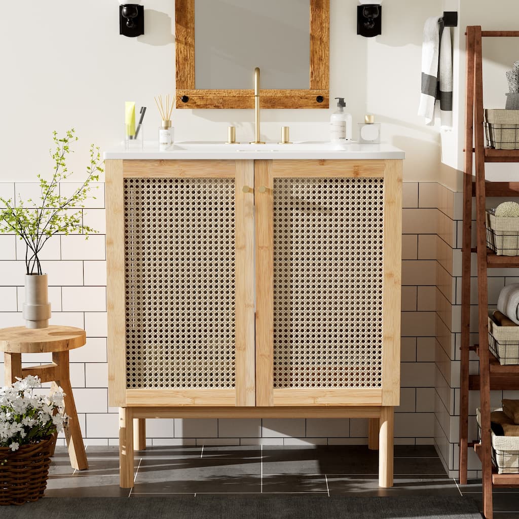 Bathroom Vanity with Handwoven Rattan Doors and Soft Close Mechanisms