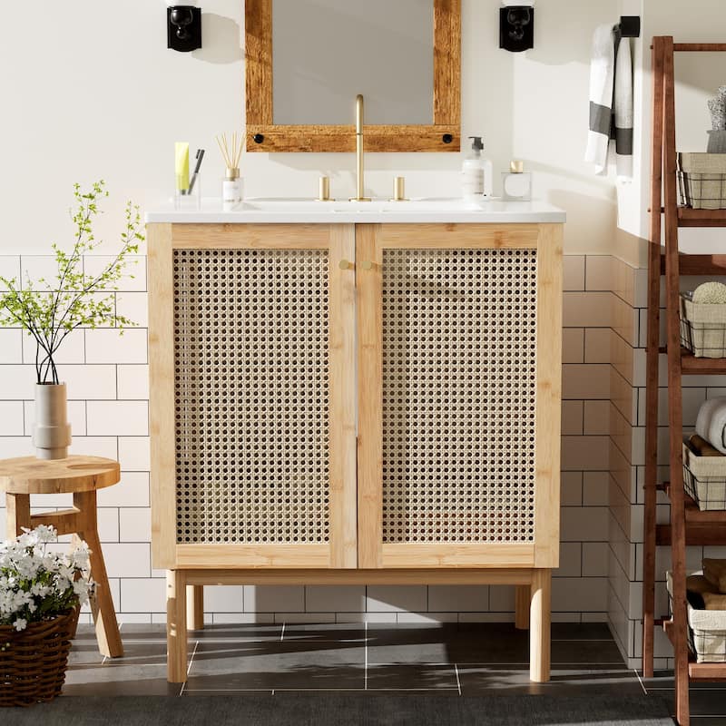 GDFStudio - Lilia Wood & Rattan 30" Bathroom Vanity with Handmade Doors & Soft-Close Design