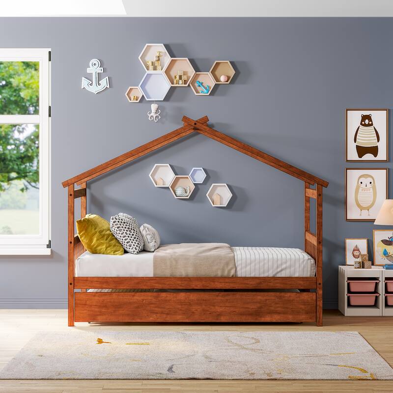 Twin/Full House Bed with Pull-Out Trundle, Solid Pine Wood Frame for Sleepovers - Walnut - Twin