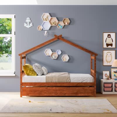 Twin Size Wooden House Bed Daybed with Twin Trundle & Sky Roof, Walnut
