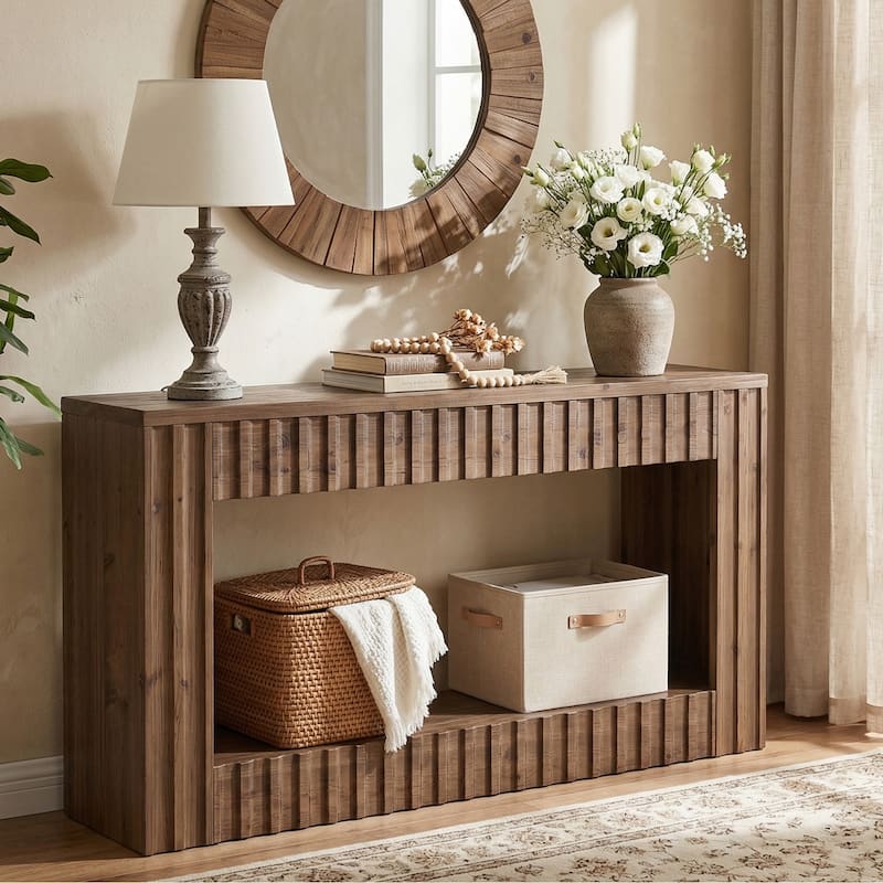 Solid Wood Sofa Table, 63" Long Console Table with Open Storage, Entryway Table for Living Room, Hallway, Foyer