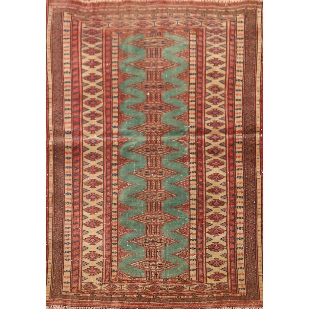 Hand Knotted Oriental 100% Wool Carpet Traditional Geometric Green Bokhara Area Rug - 4' 6'' X 3' 2''