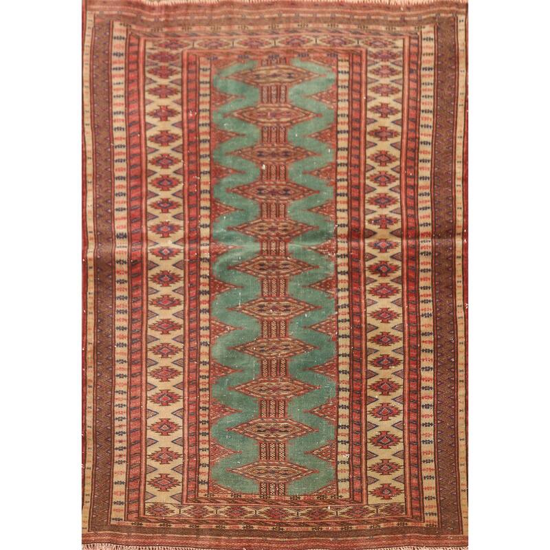 Hand Knotted Oriental 100% Wool Carpet Traditional Geometric Green Bokhara Area Rug - 4' 6'' X 3' 2''