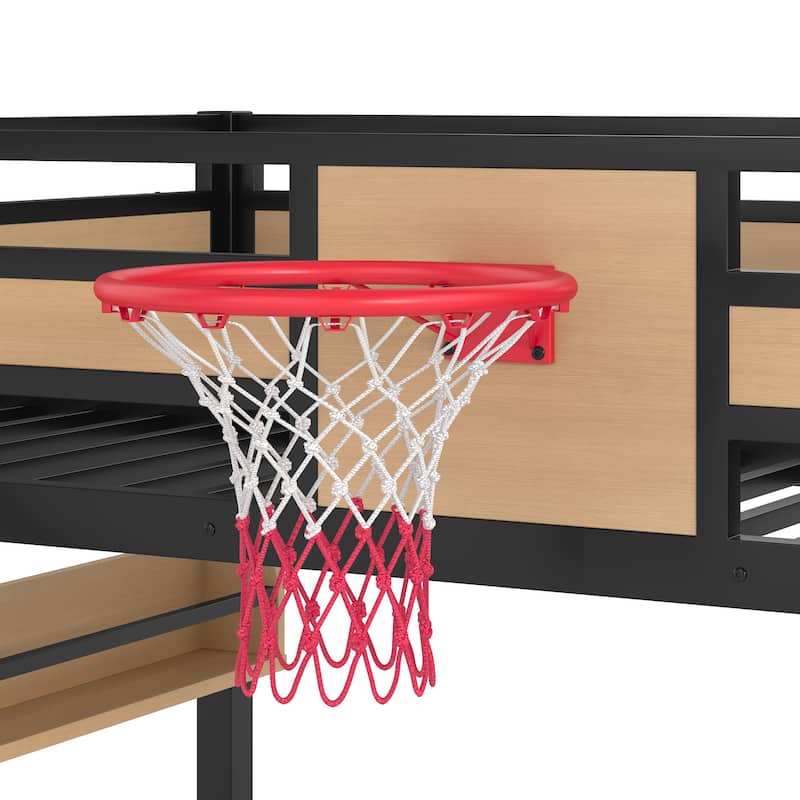 Full/Twin Metal Loft Bed with Basketball Hoop, Climbing Wall & Slide