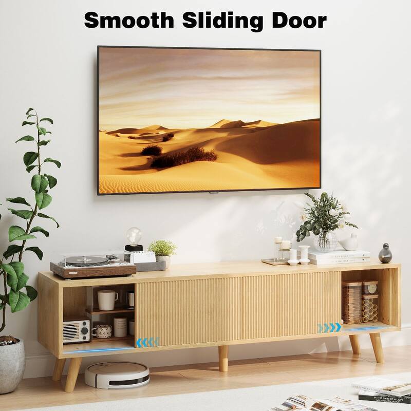 Gymojoy 63" TV Stand for TVs Up to 75 Inches, Boho Entertainment Center with Fluted Sliding Doors & Shelves. - 63"W.