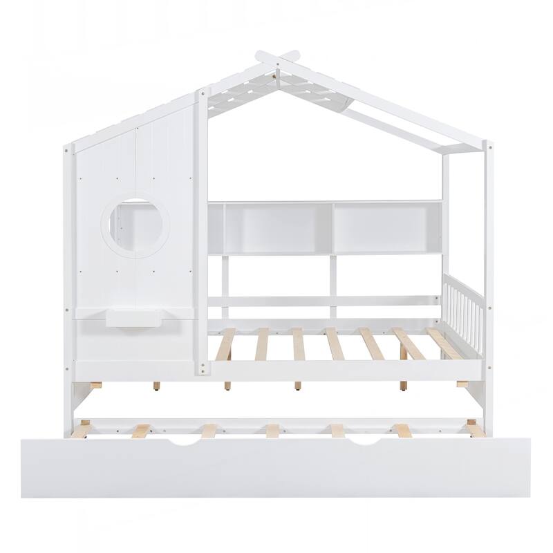 Wooden Full Size House Bed With Trundle, Modern Design for Kids with Storage Shlef