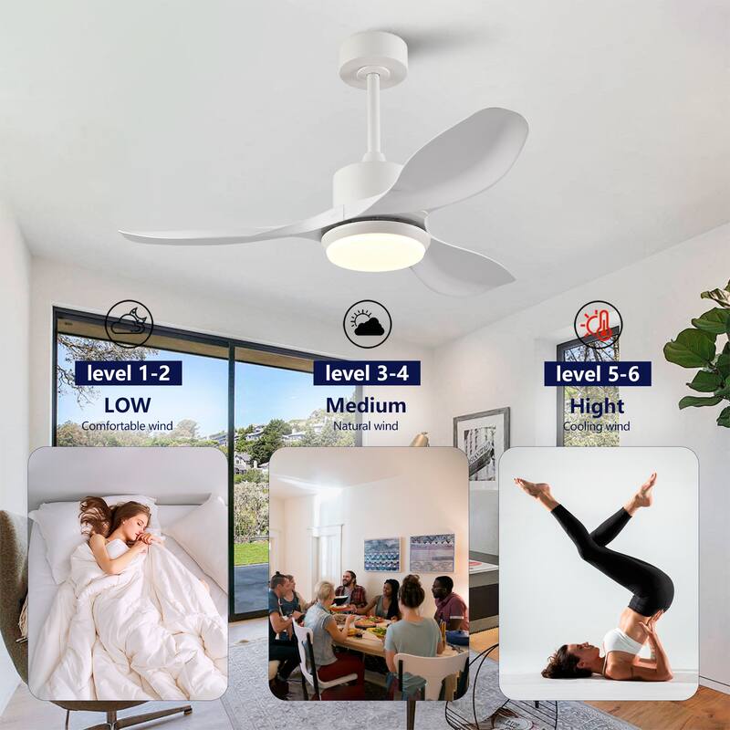 42-Inch Modern White Ceiling Fan With Light, Featuring 3 ABS Plastic Blades, Remote Control Operation - White Marble