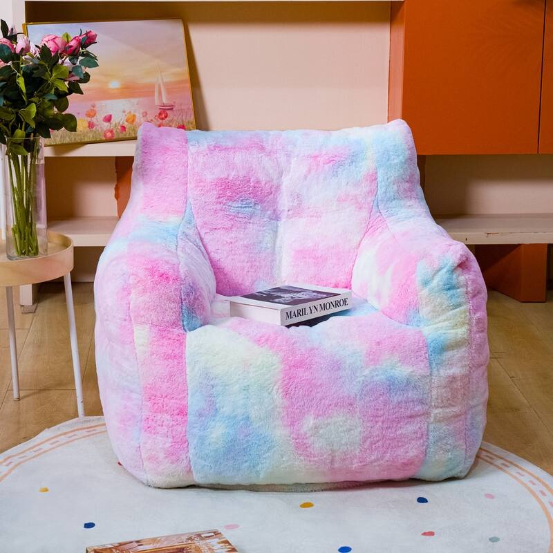 Grondin Mid-Century Modern Faux Fur Fabric Upholstery Bean Bag Chair Tufted Foam Padding Lazy Sofa with Armrests - Rainbow