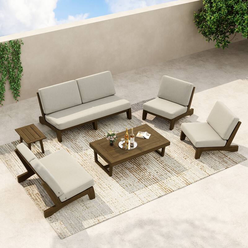 8-Piece Outdoor Sofa Set with Loveseat, 2 Club Chairs & Matching Tables - Light Camel/Brown Wood - Separate cushion