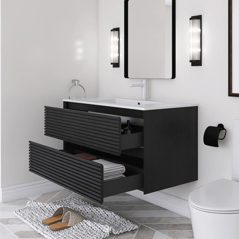 Wall-Mounted Bathroom Vanity with White Ceramic Sink