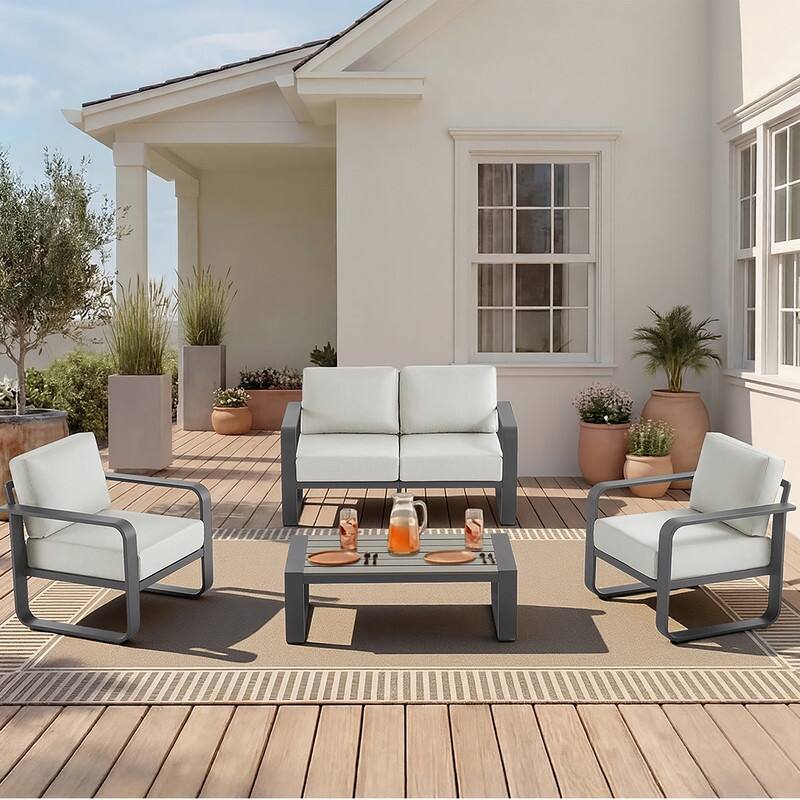 Spruce & Spring Outdoor Patio Furniture Set Aluminum Sofa Accent Chair - 4PC-Loveseat - Light Gray