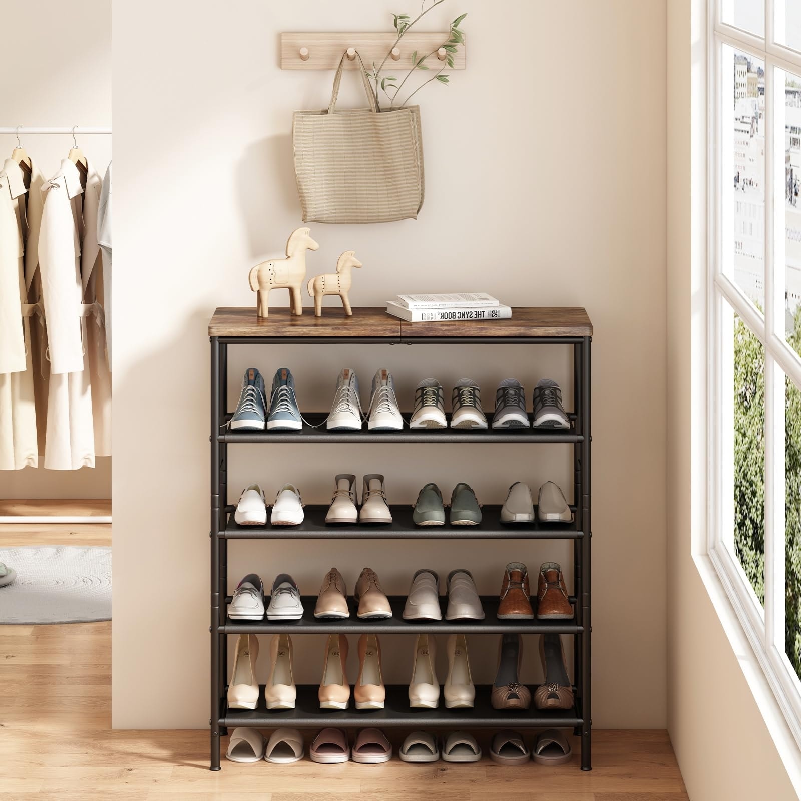 Shoe Rack Organizer 5 Tier Metal Organizer Shelf with Industrial MDF Board and Layer Fabric