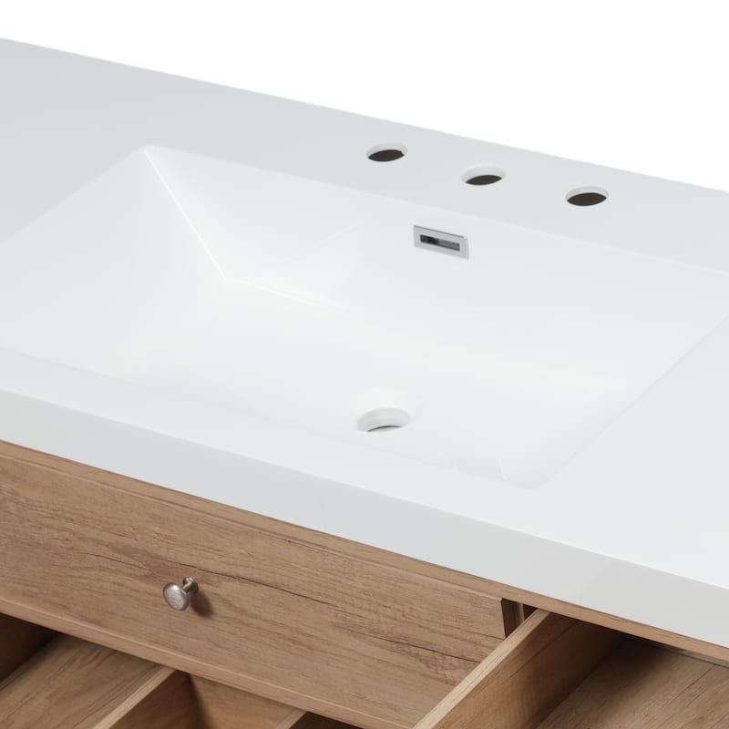 Bathroom Vanity with SMC Sink, Large Storage Bathroom Storage Cabinet with Soft Close Drawers and Rattan Doors