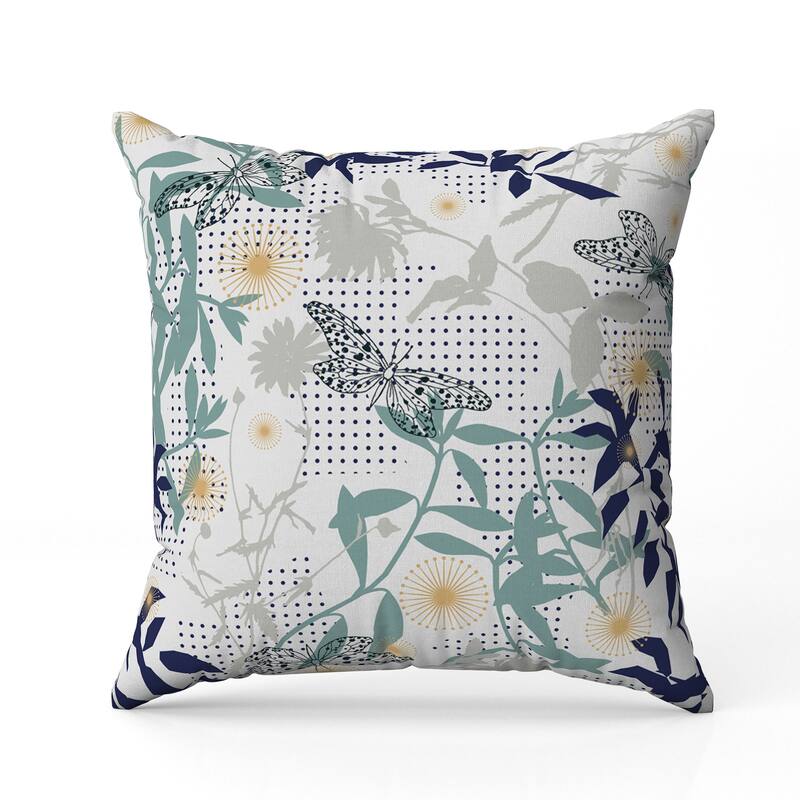 Butterfly Floral Orbit Indoor/Outdoor Reversible Throw Pillow Blue and White