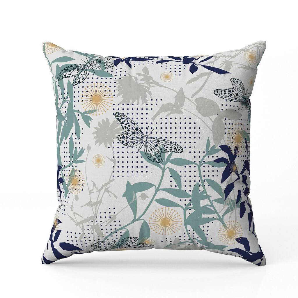 Butterfly Floral Orbit Indoor/Outdoor Reversible Throw Pillow Blue and White