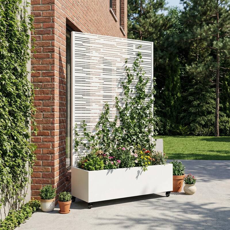 Raised Garden Bed Planter with Trellis Movable Planter Box with Lockable Wheels - 72*47 - White