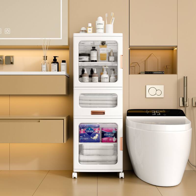 VECELO White Storage Cabinet Modular Organizer with 2 Adjustable Shelves 1 Drawer & Wheels Magnetic Transparent Doors for Closet