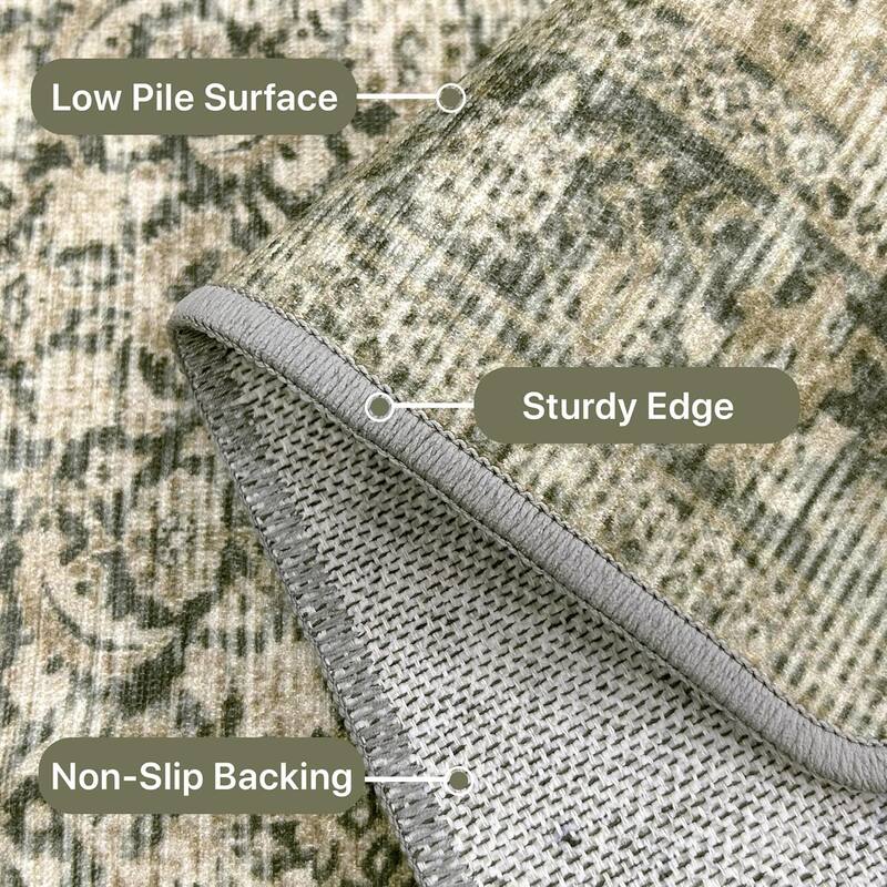 Mcow Floral Faded Low Pile Machine Washable Non-Slip Area Rug